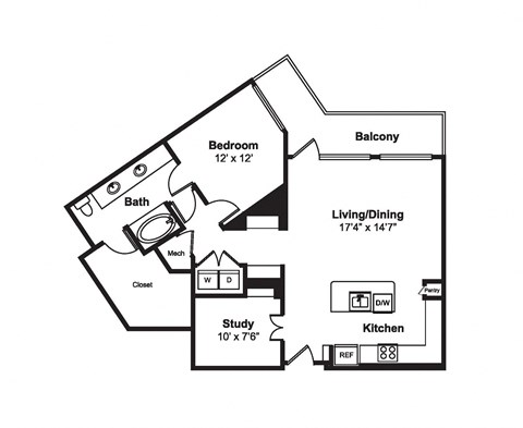 Floor plan for 1 bed, 1 bath, 1050 sqft
